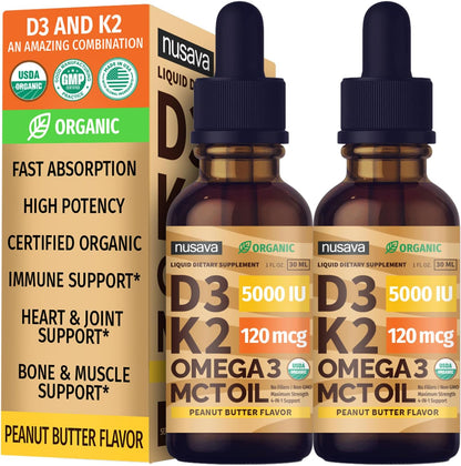 (2 Pack) Organic Vitamin D3 K2 Drops with MCT Oil & Omega 3 - Liquid Vitamin D3 5000 IU - K2 D3 Vitamin Supplement - Vitamin D Drops for Women & Men - No Fillers, Non-GMO, GMP, Mocha Flavour (2 Fl Oz)