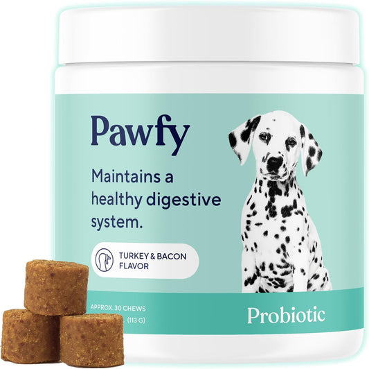 Pawfy Probiotics for Dogs | Supports Digestive Health, Diarrhoea Relief for All Breeds | Promotes Gut Health | Anti-Yeast | Skin and Seasonal Allergy Support - 30 Bacon-Flavoured Chews