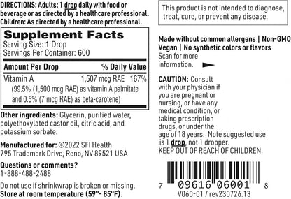 SFI Health Micellised Vitamin A Drops - Liquid Vitamin A Supplement with Beta Carotene & Vitamin A Palmitate - 30 ml (600 Servings)