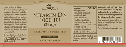 Solgar Vitamin D3 (Cholecalciferol) 1000 IU Softgels, 100 Count