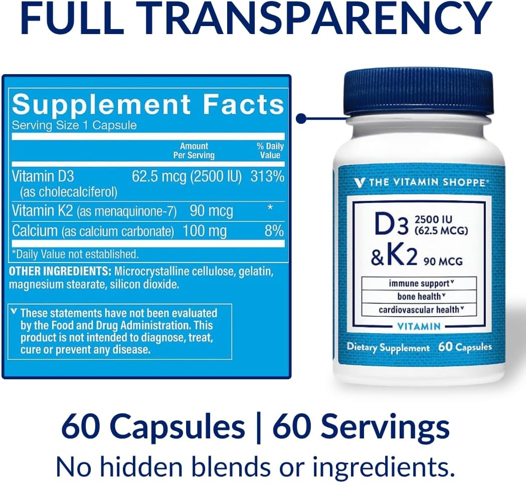 The Vitamin Shoppe Vitamin D3 2500 IU & K2 90 mcg with Calcium, D3 K2 MK7 Capsules for Bone Health, Immune Support & Cardiovascular Health, 60 Capsules - görsel 8