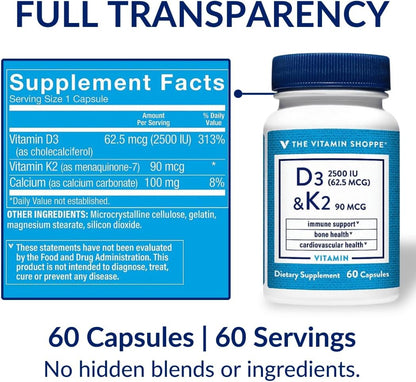 The Vitamin Shoppe Vitamin D3 2500 IU & K2 90 mcg with Calcium, D3 K2 MK7 Capsules for Bone Health, Immune Support & Cardiovascular Health, 60 Capsules