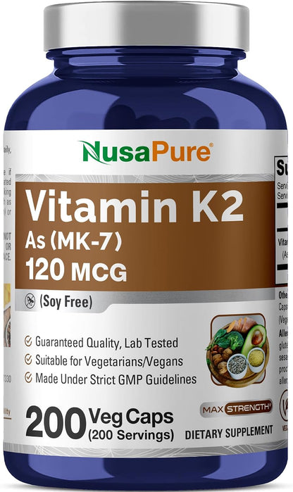 NusaPure Vitamin K2 MK7 120 mcg 200 Veggie Caps (Soya-free, Non-GM, Vegan)