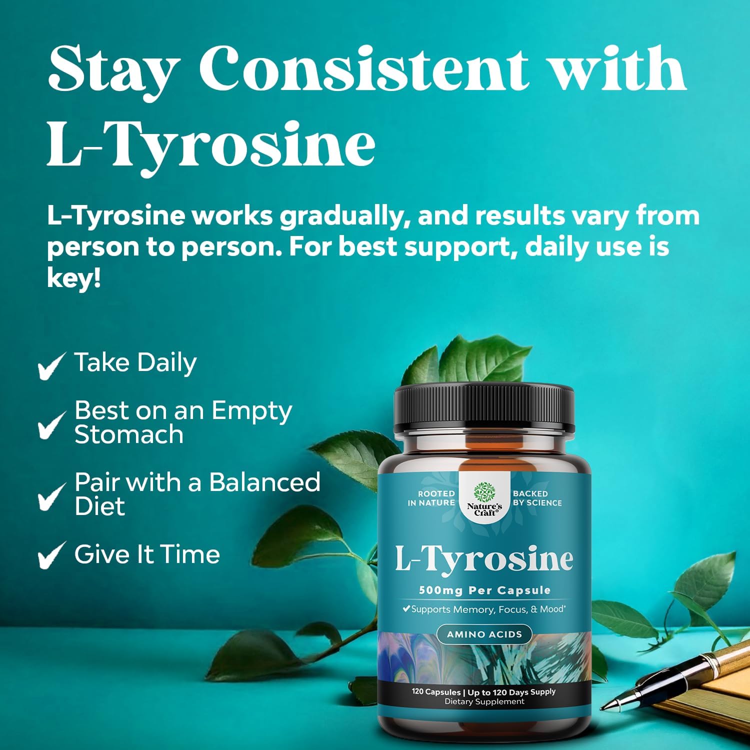 Natures Craft Free Form L-Tyrosine 500mg Capsules - High-Strength Amino Acid to Support Normal Catecholamine Synthesis - görsel 2