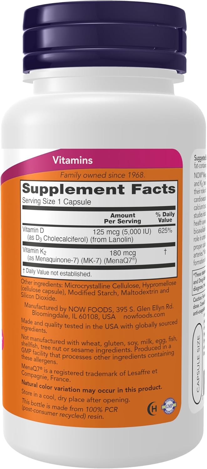 NOW Supplements, Mega D-3 & MK-7, 5000 IU / 180 mcg, Bone & Cardiovascular Support*, Vitamins K-3 & K-2, 120 Capsules - görsel 2