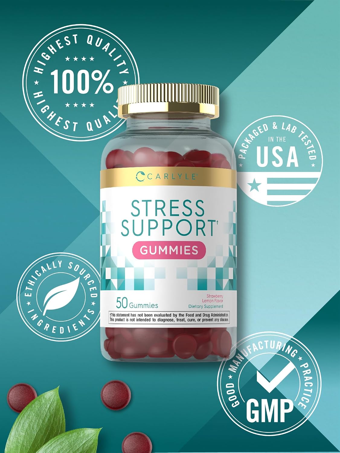 Carlyle Stress Support Supplement Gummies - 50 Count - with GABA and L-Theanine - Strawberry Lemon Flavour - Non-GMO & Gluten-free - görsel 6
