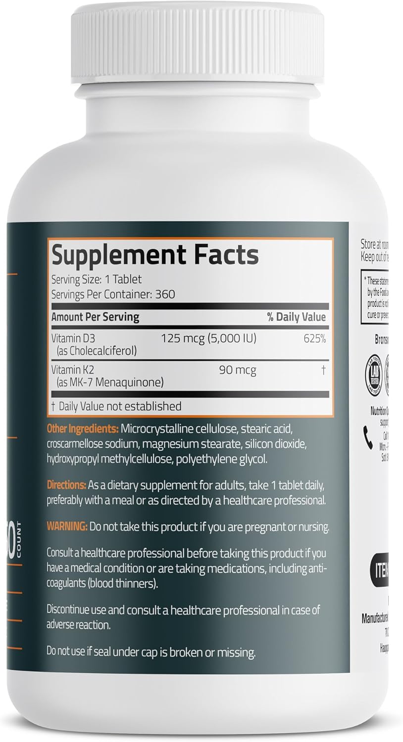 Bronson Vitamin K2 D3 (MK7) Supplement – 5000 IU D3 & 90 mcg K2 MK-7, Non-GMO, 360 Tablets - görsel 2