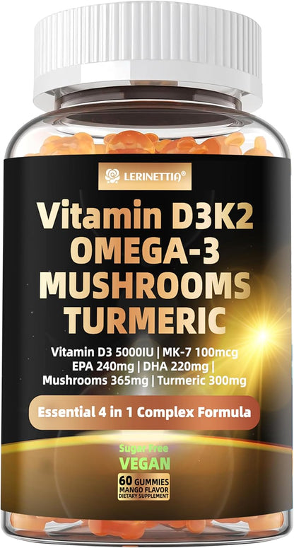 Vitamin D3 5000 IU (125 µg) + Vitamin K2 (MK-7) Gummies with Algae Omega-3 – Vegan, Sugar Free, 60 Count