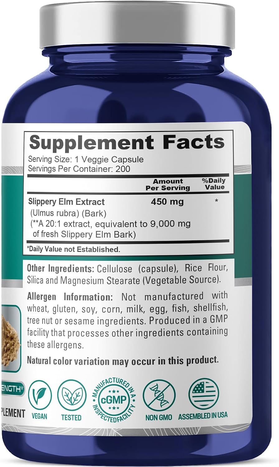 NusaPure Slippery Elm Bark Capsules, 450 mg, 200 Veg Capsules (Non-GMO, Vegan) - görsel 2