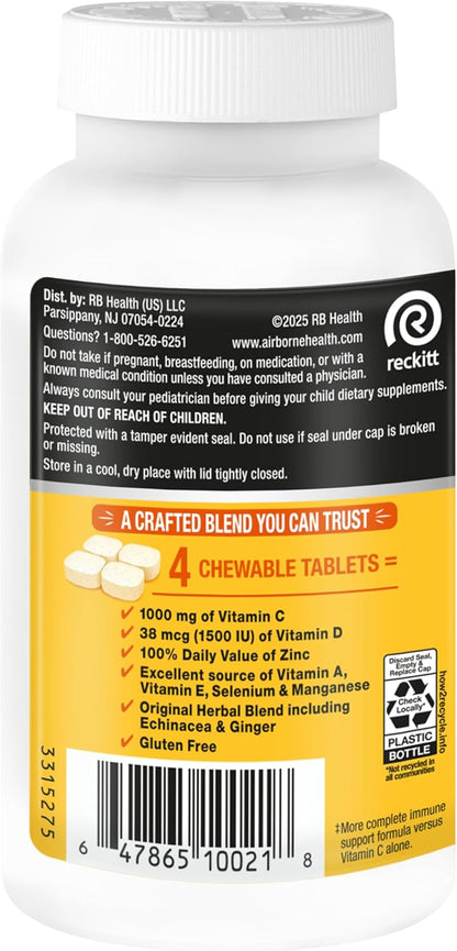 Airborne Citrus Chewable Tablets – Immune Support with 1000 mg Vitamin C – 200 Count