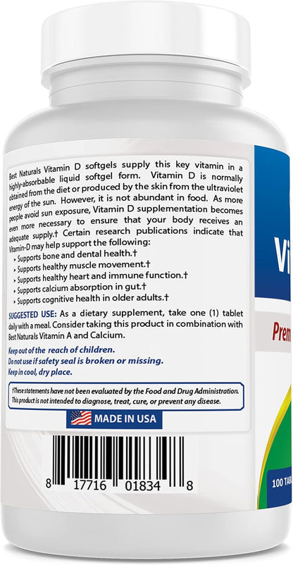 Best Naturals Vitamin D3 2000 IU (50 mcg) 100 Tablets – Immune, Bone & Muscle Support