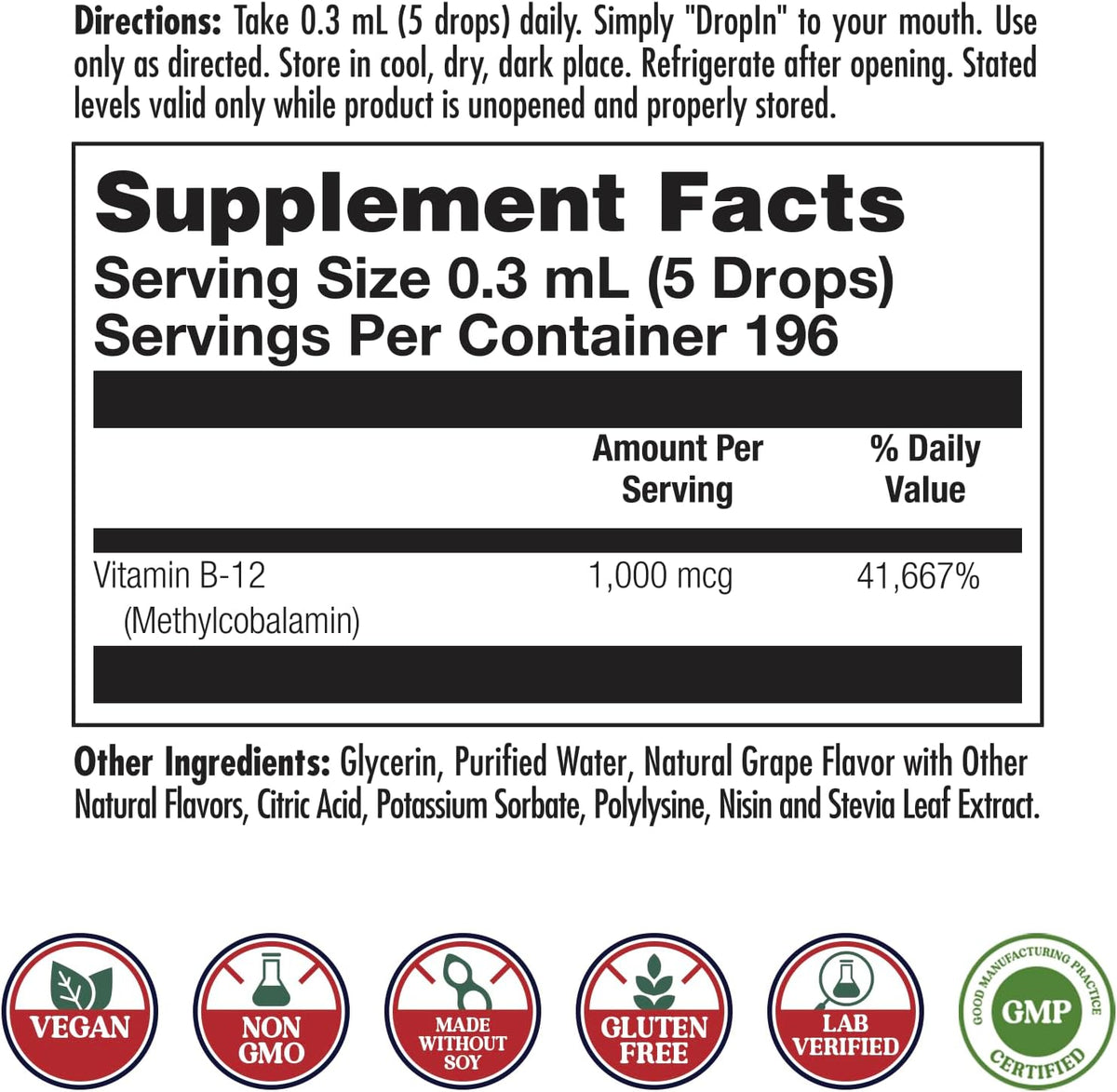 KAL B12 1000 mcg DropIns – High Absorption Liquid Vitamin B12, Natural Grape Flavour, 196 Servings - görsel 2