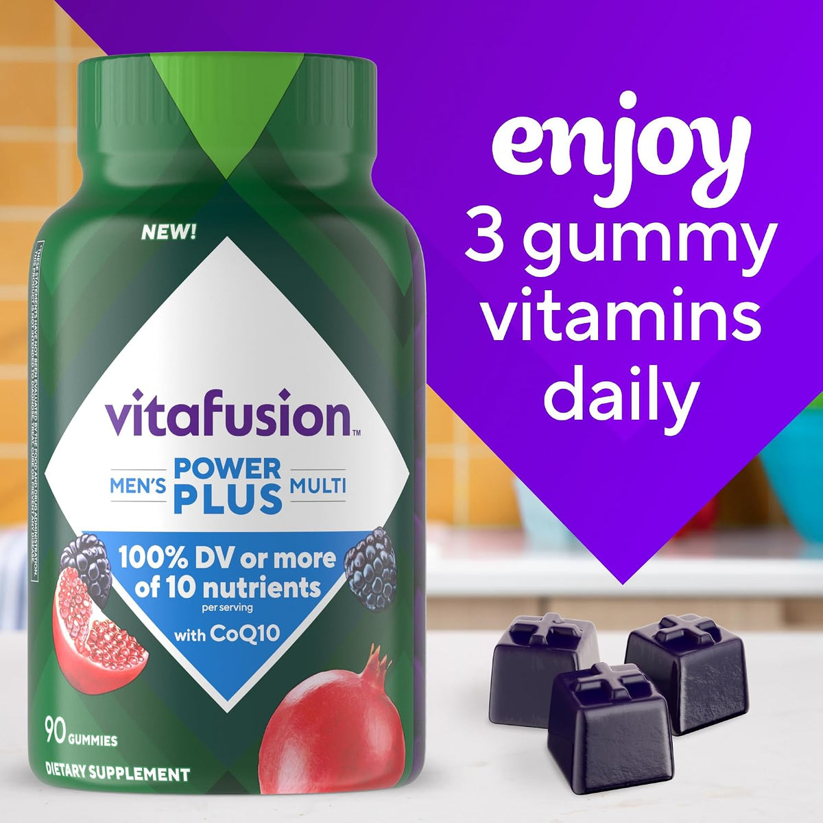 Vitafusion Power+ Men's Multivitamin with CoQ10, Blueberry Pomegranate, 90 Gummies - görsel 7