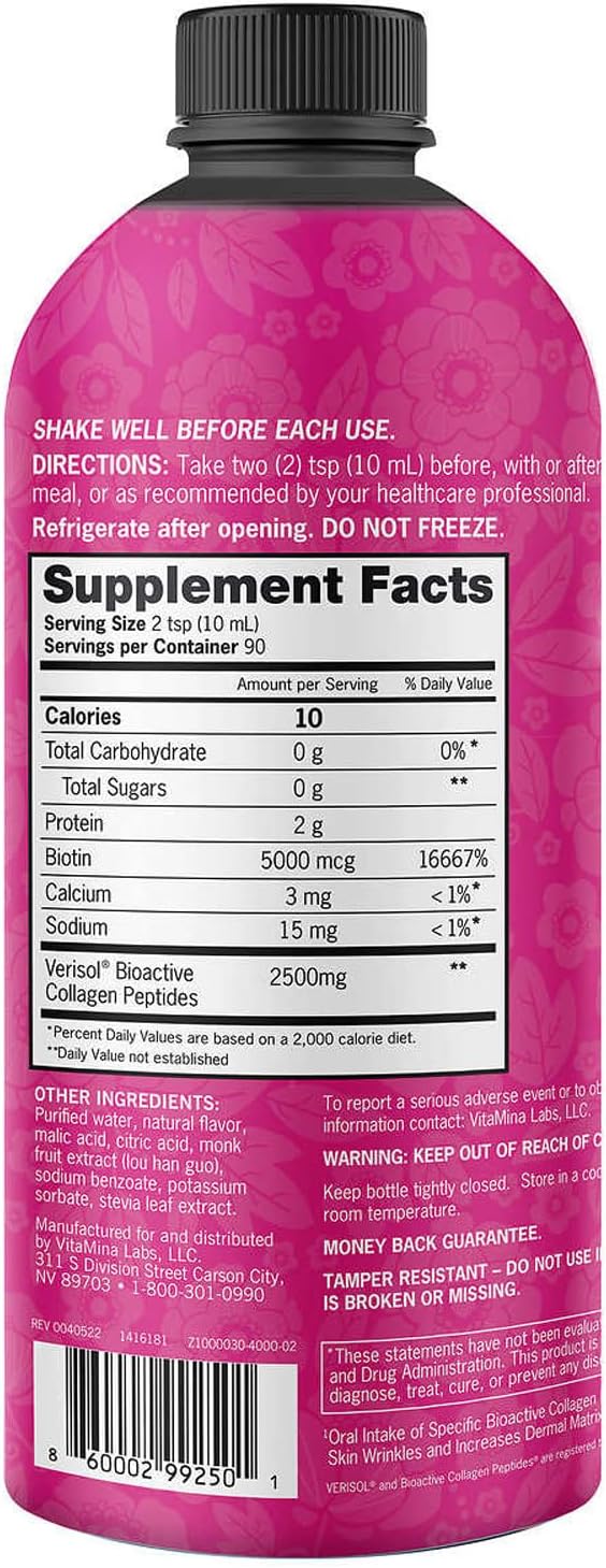 Zena Liquid Collagen + Biotin, 2500mg Collagen & 5000mcg Biotin, Verisol Formula, Mixed Berry, 90 Servings - görsel 4