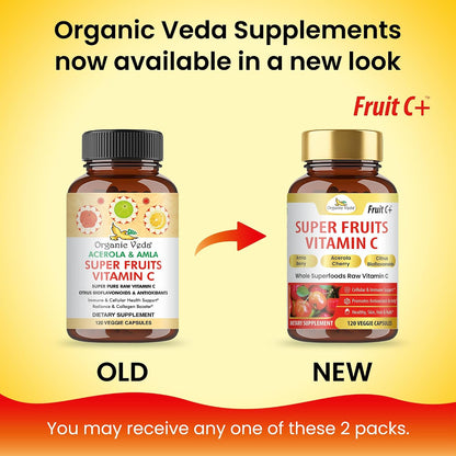 Organic Veda Super Fruits Vitamin C Food Supplement - Amla Fruit & Acerola Vitamin C Capsules with Bioflavonoids for Daily Immune System Support - Organic Whole Food Fruit C+ Antioxidant Complex, 120 Vegan Capsules