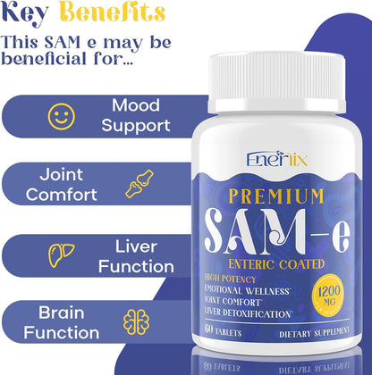 Enerlix SAM-e 1200mg | High Absorption Supplement with CoQ10 & 5-HTP | 60 Enteric Coated Tablets