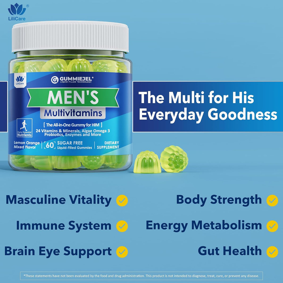 LILICARE Men's Multivitamin Gummies – Methylated B Complex, Omega-3, Probiotics & Enzymes, Sugar Free, Vegan (No Iron) 60 Count - görsel 5