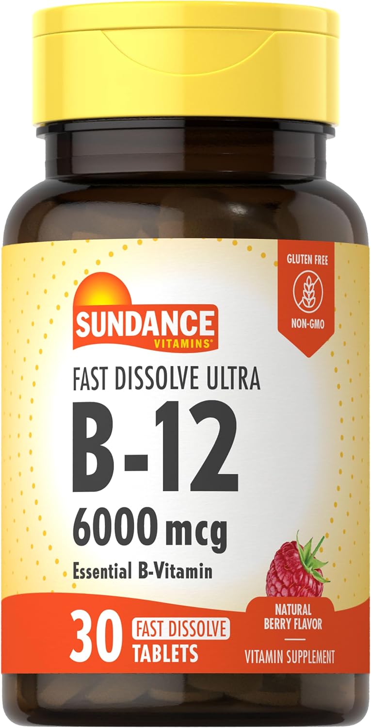 Sundance Fast Dissolve Vitamin B-12 | 6000 mcg | 30 Tablets | Natural Berry Flavour | Vegetarian, Non-GM, and Gluten-free Supplement - görsel 1