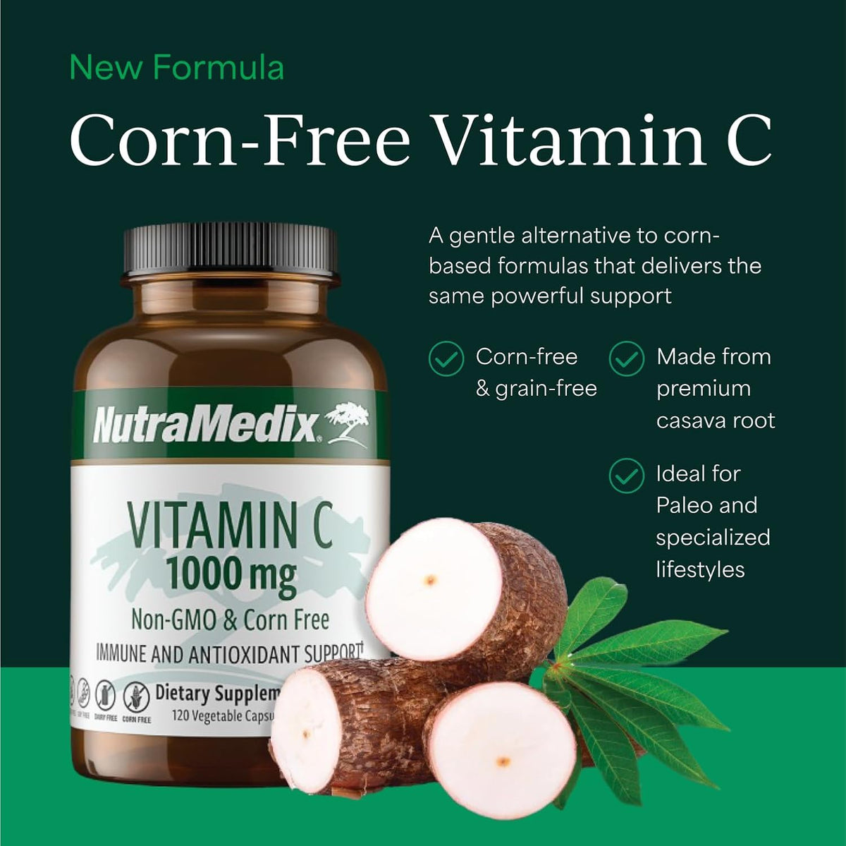 NutraMedix Corn-Free Vitamin C Capsules – Antioxidant and Seasonal Immune Support – Vitamin C Supplement with Ascorbic Acid Derived from Tapioca – 1000 mg (120 Vegetable Capsules) - görsel 2
