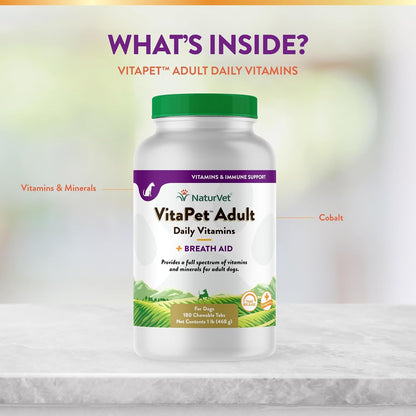 NaturVet VitaPet Adult Daily Vitamins for Dogs with Breath Aid – 180 Tablets