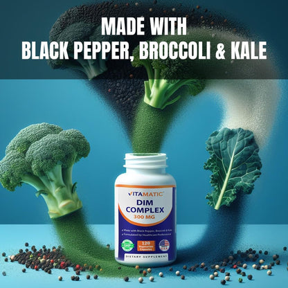 Vitamatic DIM Supplement Complex for Women and Men - 300 mg - 120 Veg Capsules - Made with Black Pepper, Broccoli Powder and Kale Powder - Non-GMO and Gluten-free