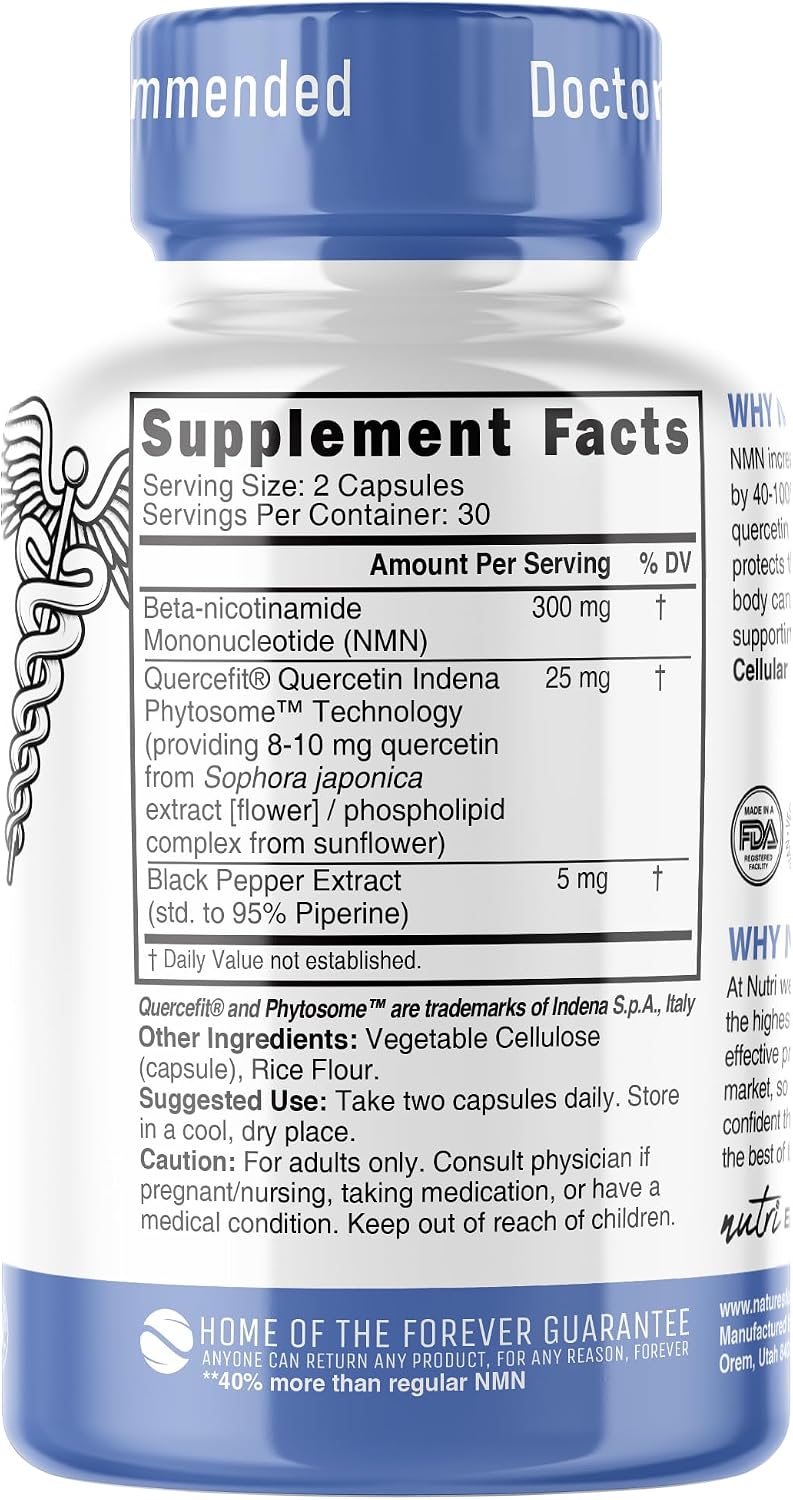 Nutri NMN Supplement 300mg - NAD+ Booster with Quercetin & Black Pepper - 120 Capsules (2-Pack) - görsel 2