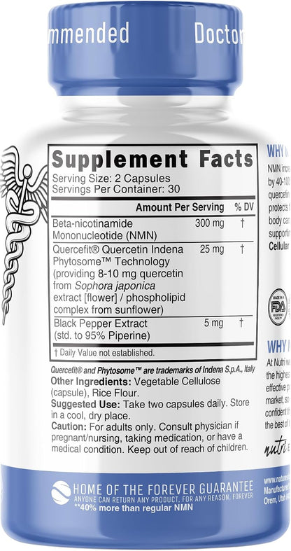 Nutri NMN Supplement 300mg - NAD+ Booster with Quercetin & Black Pepper - 120 Capsules (2-Pack)