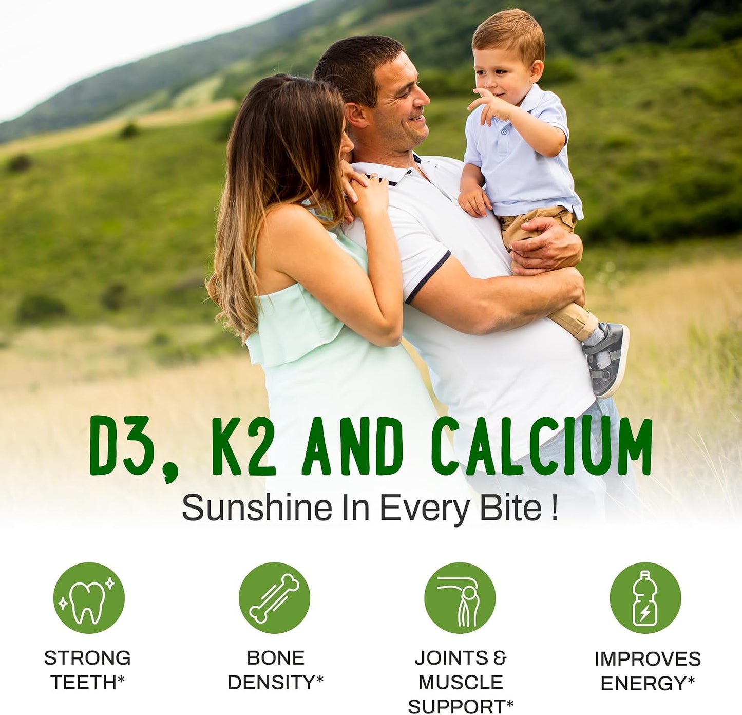 OH MY CHEWY Double-Flavoured Vitamin D3 K2 & Calcium Gummies - 5000 IU D3, 120 mcg K2 (MK-7), 120 mg Calcium - Vegan & Non-GMO - 60 Count - görsel 3