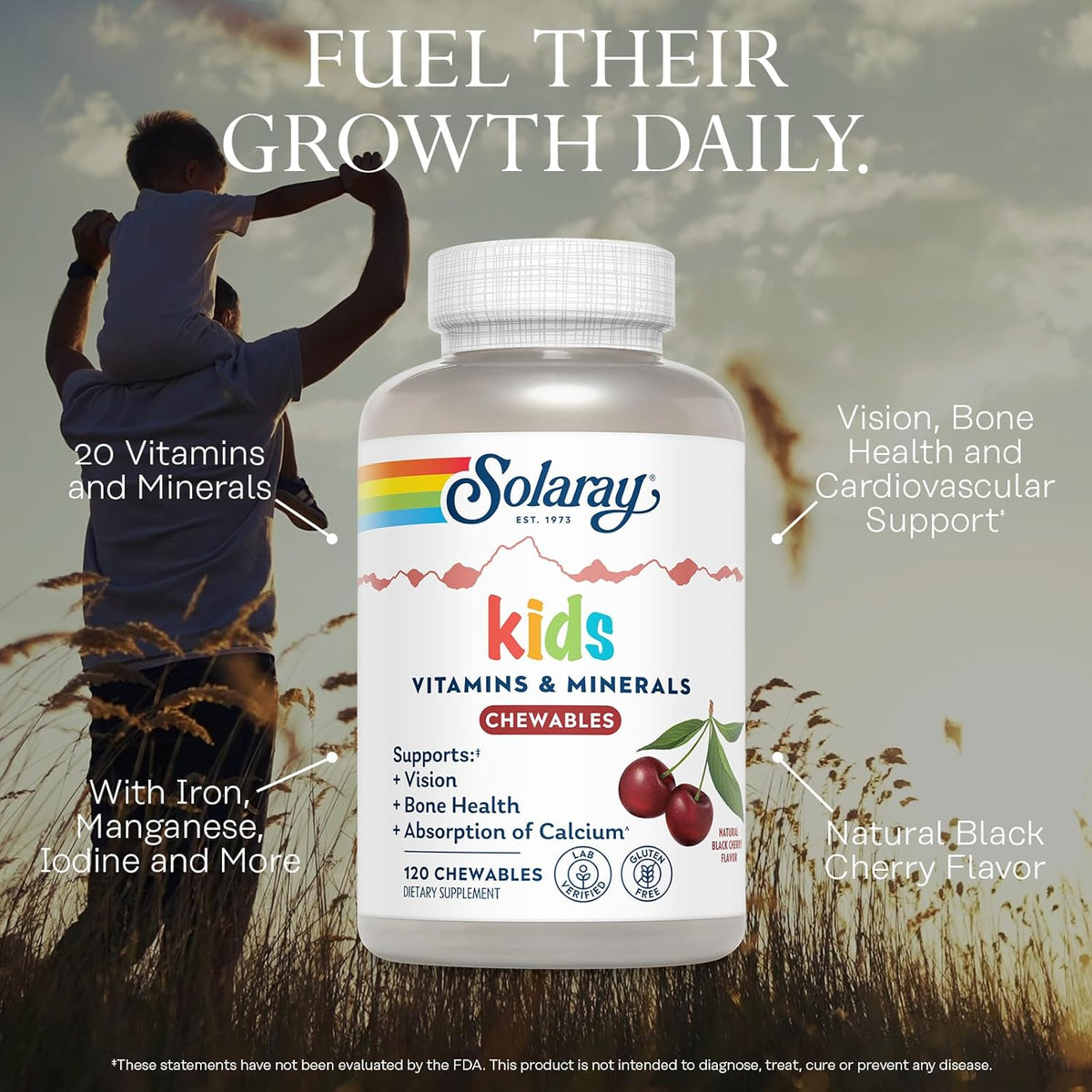 SOLARAY Children's Vitamins & Minerals – Multivitamin for Kids with Vitamin C, D, B2, Iron – Gluten-free, 120 Black Cherry Chewables - görsel 3