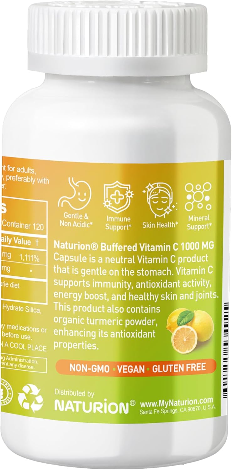 NATURION Buffered Vitamin C 1000mg with Organic Turmeric – Antioxidant & Immune Support – Healthy Skin & Joints – 120 Vegan Capsules - görsel 3