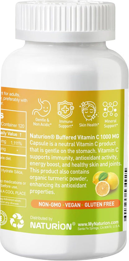 NATURION Buffered Vitamin C 1000mg with Organic Turmeric – Antioxidant & Immune Support – Healthy Skin & Joints – 120 Vegan Capsules