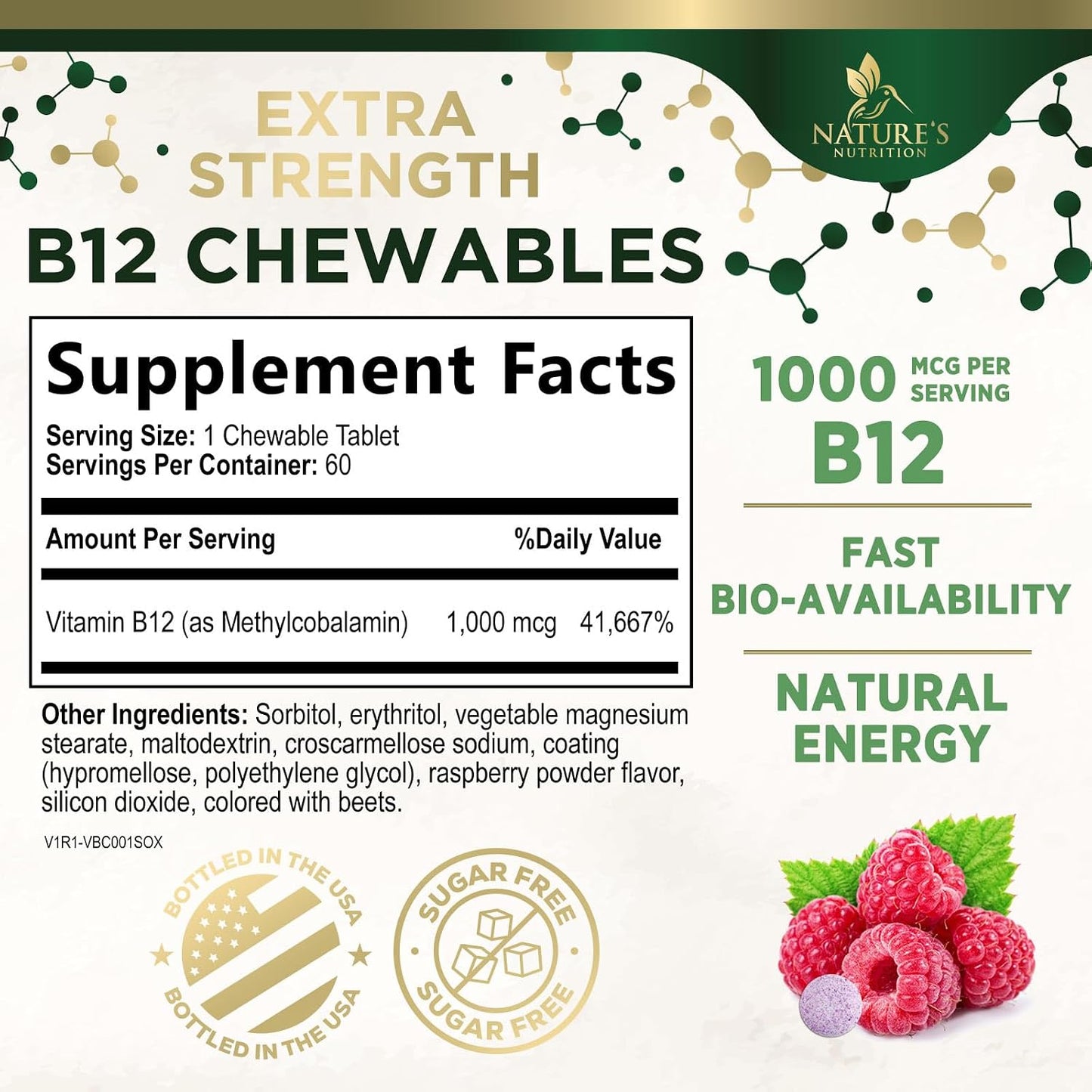 Vitamin B12 1000 mcg Methylcobalamin Chewable Tablets – Energy, Nervous System & Brain Support – Vegan, Non-GMO, Gluten-free – 60 Count - görsel 2