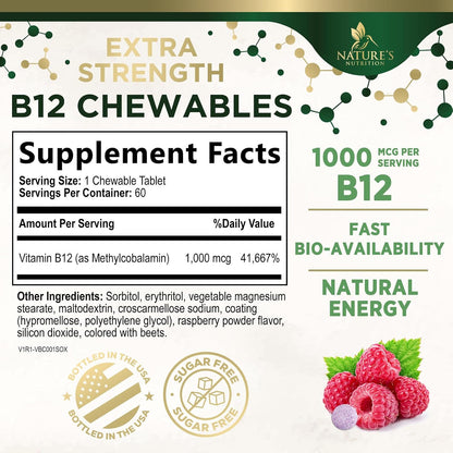 Vitamin B12 1000 mcg Methylcobalamin Chewable Tablets – Energy, Nervous System & Brain Support – Vegan, Non-GMO, Gluten-free – 60 Count