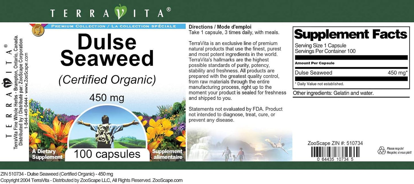 Terravita Organic Dulse Seaweed Capsules, 450 mg (100 Capsules) - görsel 3