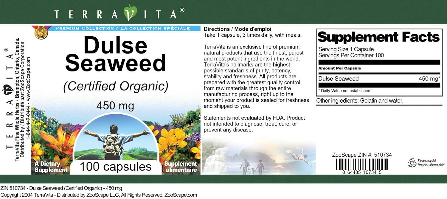 Terravita Organic Dulse Seaweed Capsules, 450 mg (100 Capsules) - görsel 3