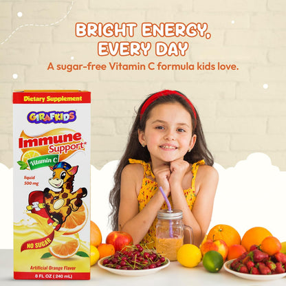 GirafKids Liquid Vitamin C for Children Aged 4+ | 8 fl oz, 500mg | Sugar-Free Formula with Safe, Premium Ingredients | Delicious Orange Flavour | Immune Support & Energy Boost