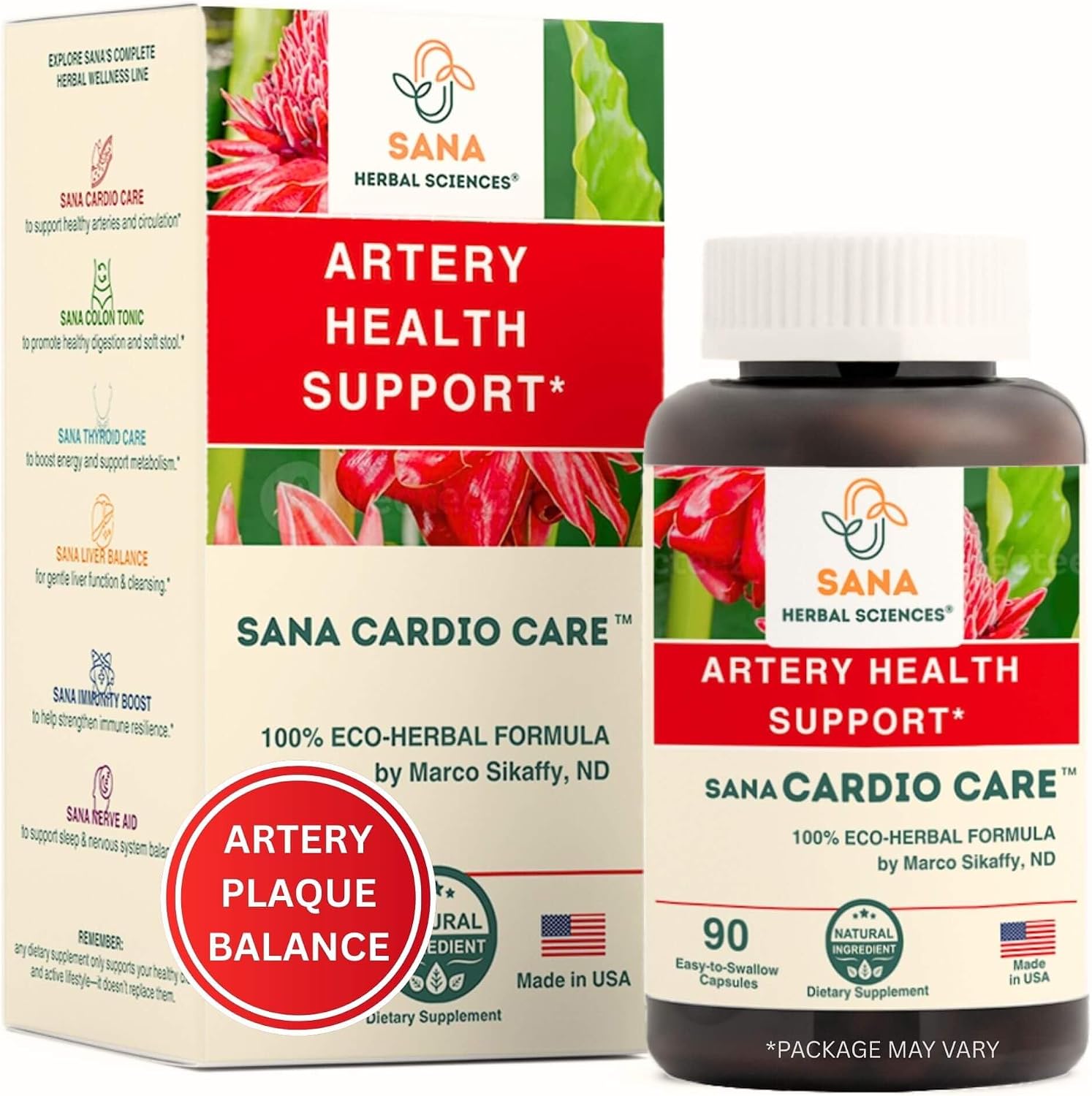 Artery Plaque Removal Formula – 4-Element All-Natural Supplement to Support Blood Pressure, Healthy Cholesterol & Heart Rhythm – 90 Easy-to-Swallow Capsules – Sana Herbal - görsel 1