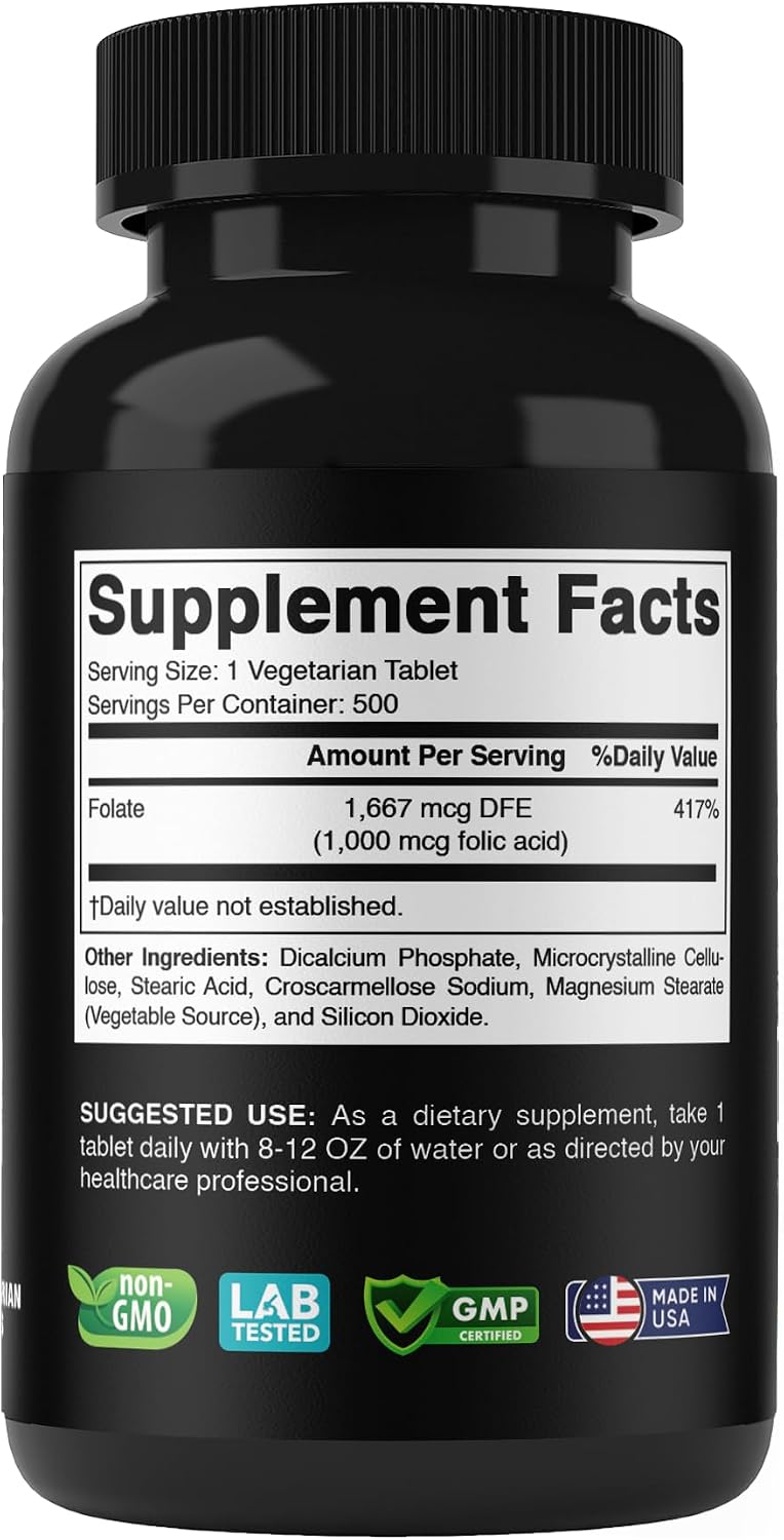 Vitabod Folic Acid 1 mg (1000 mcg) - 500 Vegetarian Tablets - Prenatal and Postnatal Supplement - görsel 8