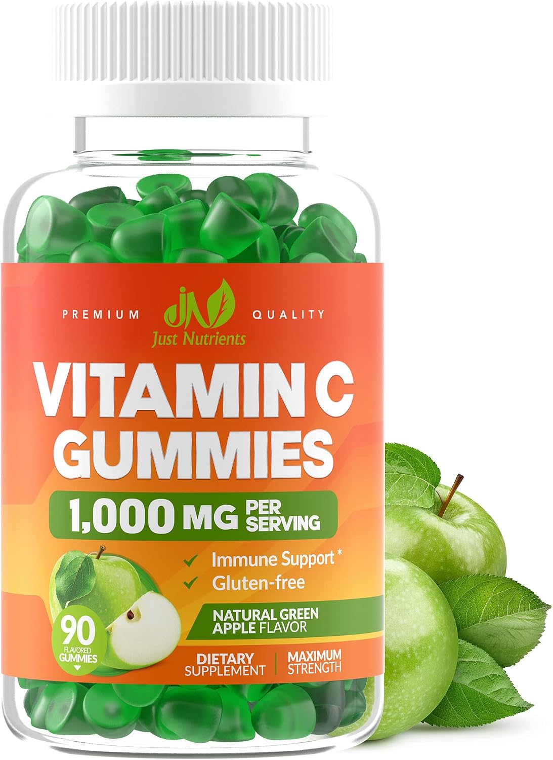 Just Nutrients Vitamin C 1000mg Gummies - Maximum Strength Chewable Immune & Collagen Support, Natural Green Apple Flavour, 90 Count - görsel 1