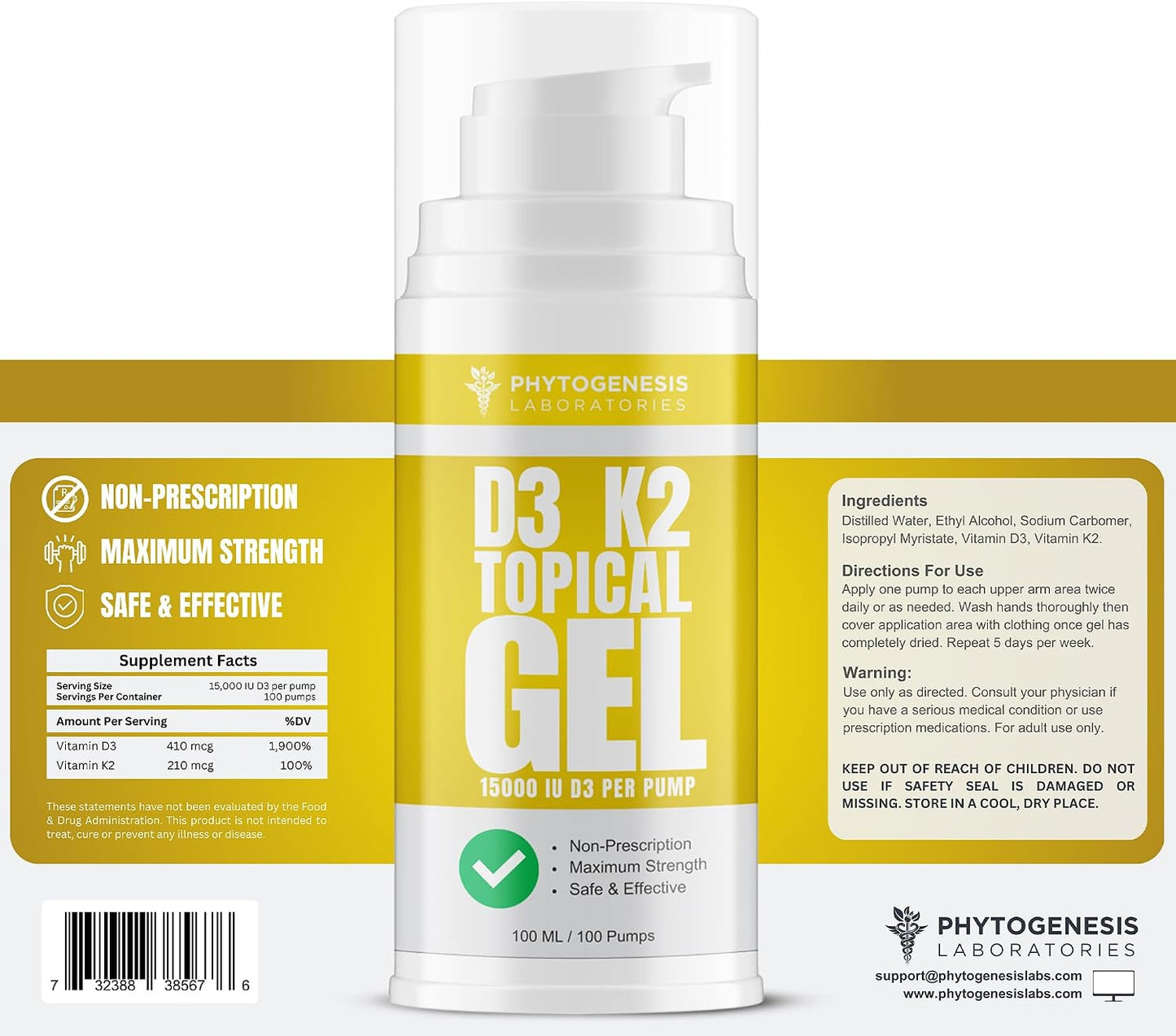 Phytogenesis Vitamin D3 K2 High Strength Topical Gel - 15000+ IU D3 & 210 mcg K2 per Pump - Immune, Bone & Joint Support - One Month Supply - görsel 3