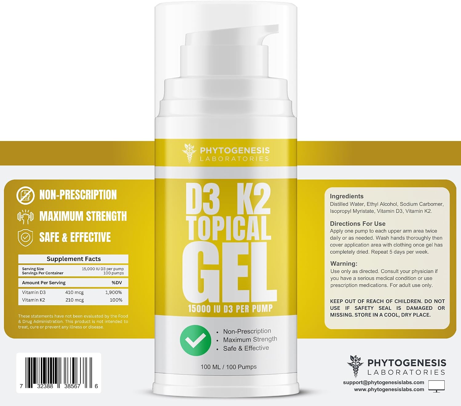 Phytogenesis Vitamin D3 K2 High Strength Topical Gel - 15000+ IU D3 & 210 mcg K2 per Pump - Immune, Bone & Joint Support - One Month Supply - görsel 3
