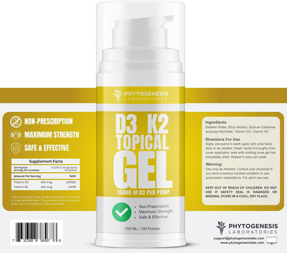 Phytogenesis Vitamin D3 K2 High Strength Topical Gel - 15000+ IU D3 & 210 mcg K2 per Pump - Immune, Bone & Joint Support - One Month Supply