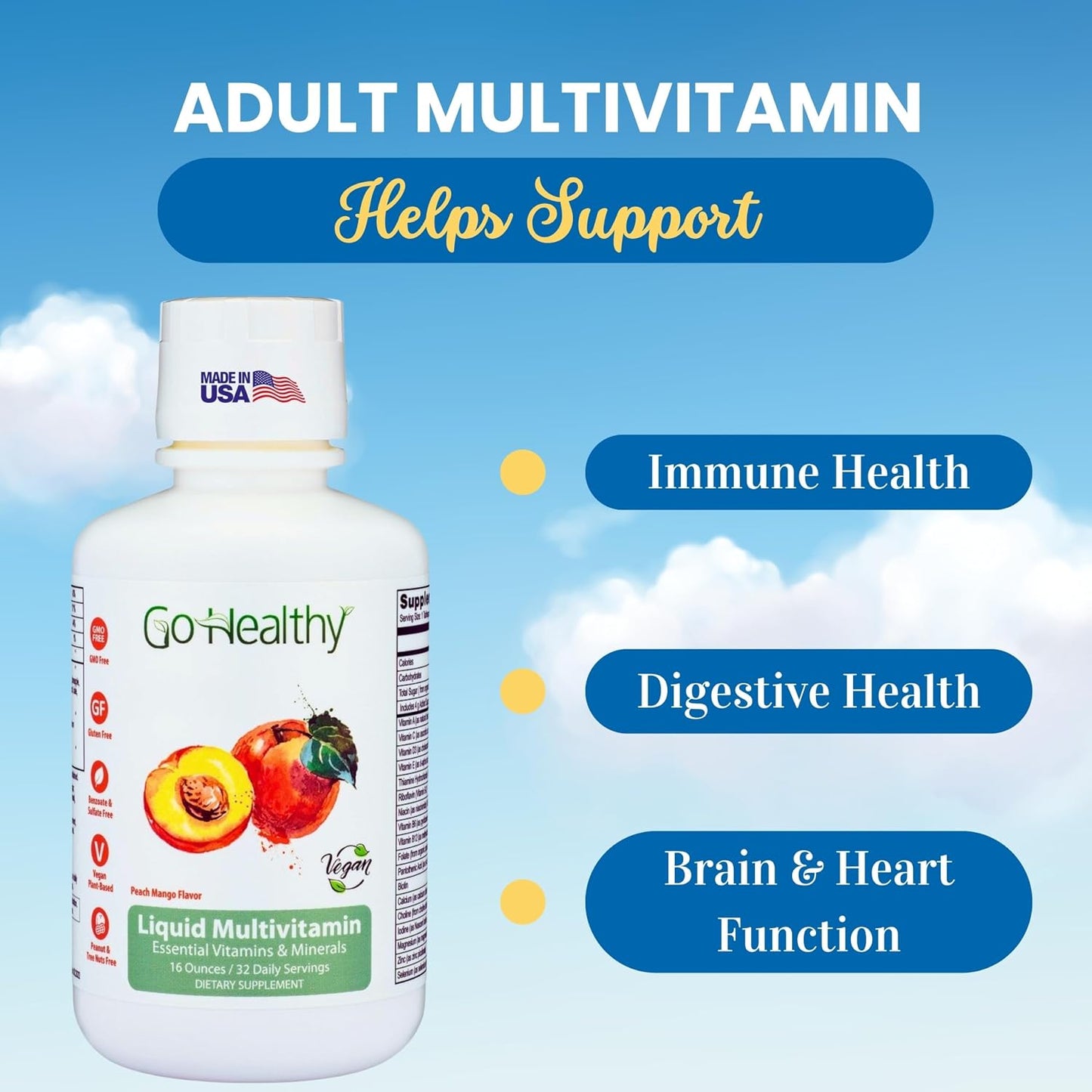 Go Healthy Liquid Multivitamin for Women, Men and Teens | Vegan | High Absorption | Peach Mango Flavour | 32 Servings - görsel 4