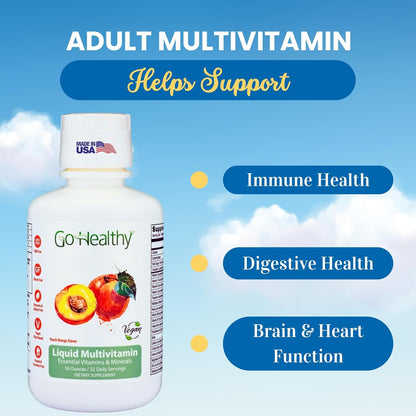 Go Healthy Liquid Multivitamin for Women, Men and Teens | Vegan | High Absorption | Peach Mango Flavour | 32 Servings