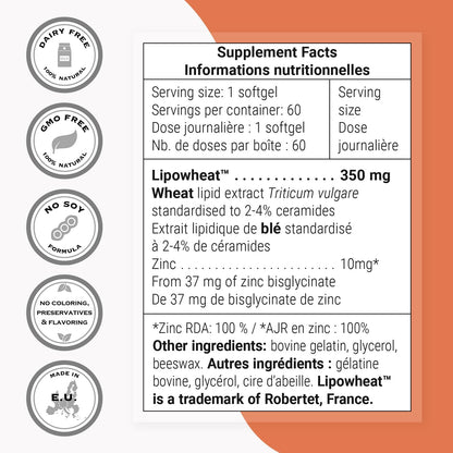 SuperSmart Skin Ceramides (Patented) - with Wheat Ceramides, Zinc - LipoWheat Phytoceramides Supplement - Skin Hydration and Protection | Non-GMO - 60 Softgels