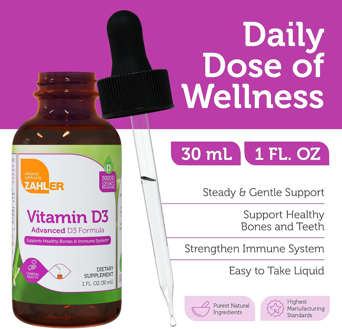 Zahler Liquid Vitamin D3 5000 IU - for Adults Bone & Immune Health (1 fl oz) - görsel 3