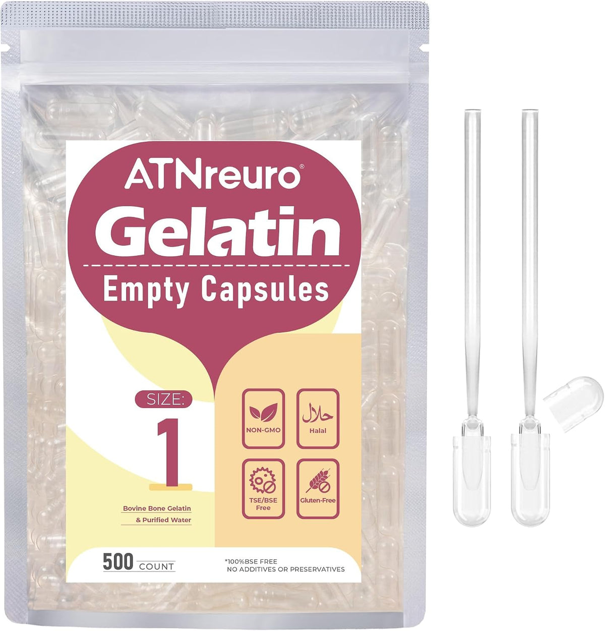 ATNreuro Size 1 Empty Gelatin Capsules with 2 Micro Spoons - 100 Capsules - görsel 8
