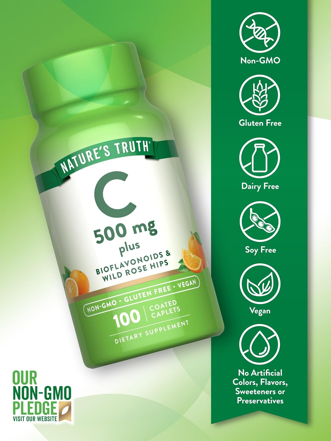 Nature's Truth Vitamin C with Rose Hips and Bioflavonoids | 500 mg | 100 Caplets | Vegan, Non-GM & Gluten-free - görsel 3
