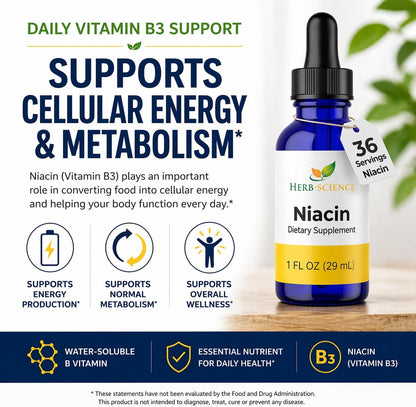 Herb-Science Liquid Vitamin B3 (Niacin) Drops, 30 ml (36 Servings) – Alcohol-Free Niacin Supplement for Energy-Yielding Metabolism Support