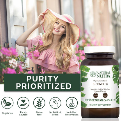 Natural Nutra Vitamin B Complex - Whole Food Supplement with B1, B2, B3, B5, B6, B7, B9, B12 - 120 Vegetarian Capsules